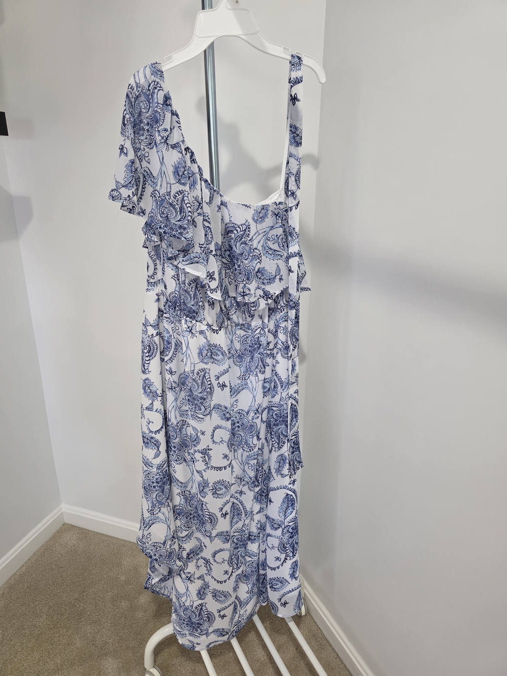 New York & Company White and Blue Paisley One-Shoulder Ruffle Maxi Dress
